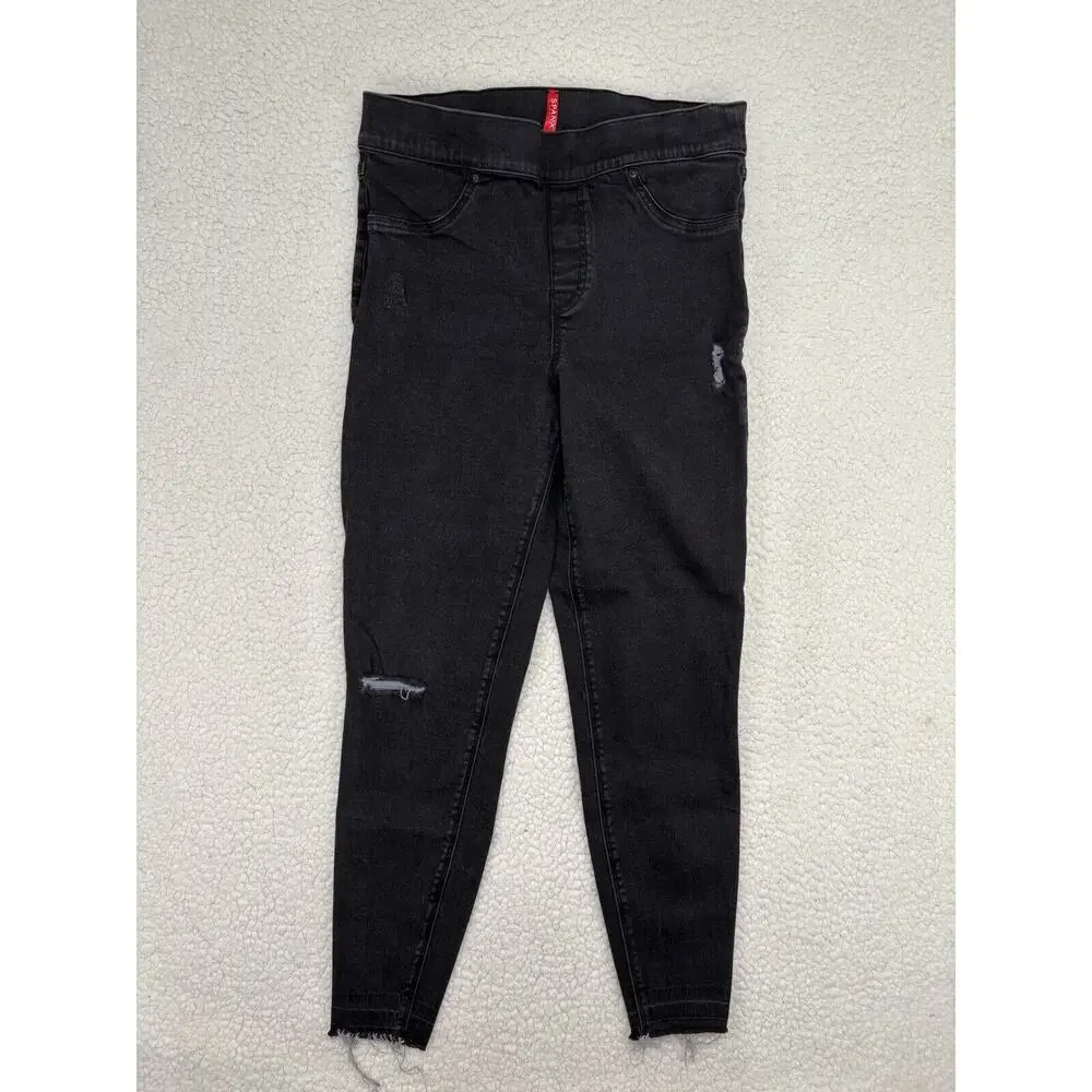 Spanx Jeans Womens L‎ Black Distressed Ankle Skinny High Rise Raw Hem Stretch